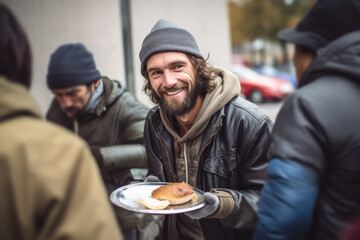A homeless man with a joyful smile holds a plate of hot food. The idea of the importance of charity, volunteerism and support for vulnerable segments of the population