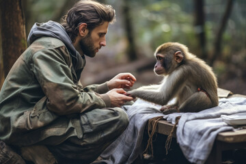 A male volunteer helps an injured monkey in the wild. The concept of wildlife rescue and...