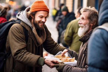A smiling young male volunteer gives food to an elderly homeless man on a city street. The idea of the importance of charity and support for vulnerable segments of the population