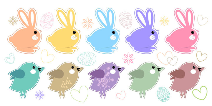 Easter. Easter bunny in pastel colors and a bird, decor. A vector image.