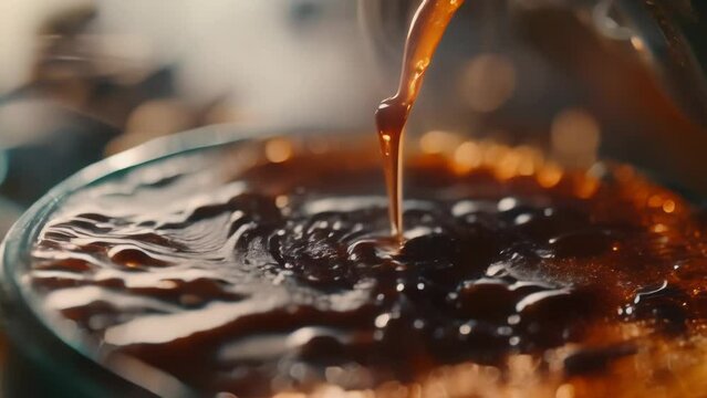 Honey pouring into coffee reversed macro close-up animation