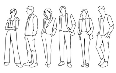 Vector silhouettes of  men and a women, a group of standing  business people,  linear sketch, black and white color isolated on white background