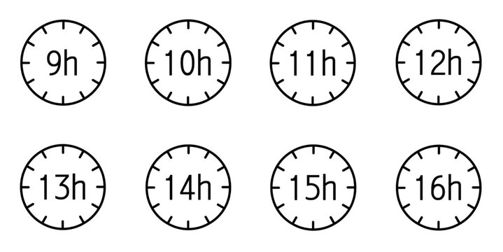 9 to 16 hours time clock icon isolated on white and transparent background. watch hour deadline long lasting time vector illustration. 9 10 11 12 13 14 15 16 hours