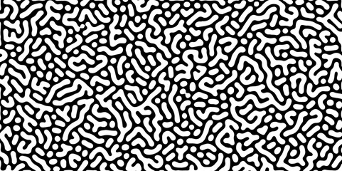 Abstract Turing organic wallpaper with background. Turing reaction diffusion monochrome seamless pattern with chaotic motion. Natural seamless line pattern. Linear design with biological shapes. 