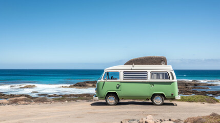 Fototapeta na wymiar Coastal Escape: Classic Green and White Camper Van on Fuerteventura Beach