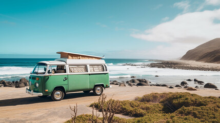 Coastal Escape: Classic Green and White Camper Van on Fuerteventura Beach