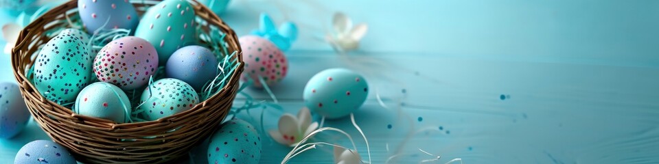 easter eggs inside a plastic basket on a blue background