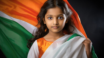 The Beauty of India - A Young Girl Flying the National Flag. A fictional character created by Generative AI.