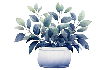 Watercolor ficus. Homemade ficus in a white pot. isolated on PNG Background. Generative Ai.