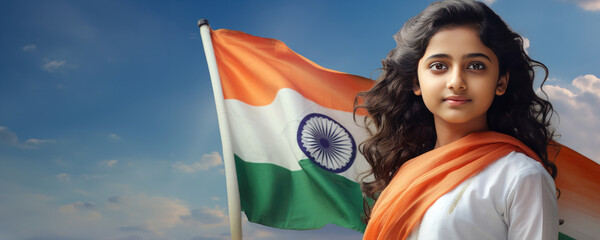 Fototapeta premium Beautiful Indian Woman with Long Curls Waving the National Flag. A fictional character created by Generative AI.