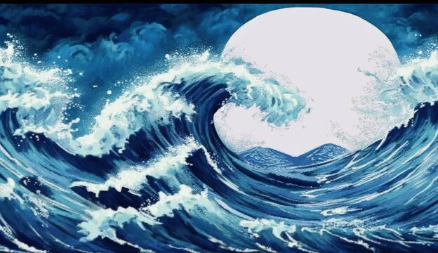 Rough waves Navy Watercolor style Japanese background, Japanese painting