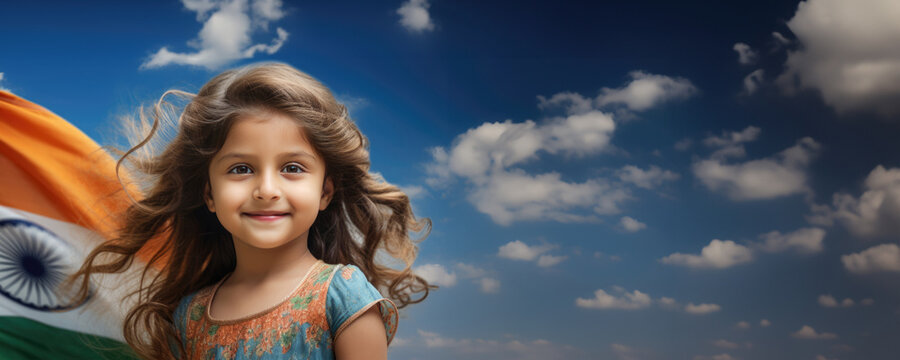 The title of the image is "India's Flag - The Tall, Beautiful, and Proud Girl. A fictional character created by Generative AI.