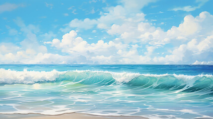 Summer Noon with Bright Sparkling Waves High. Foamy waves rolling up in ocean.