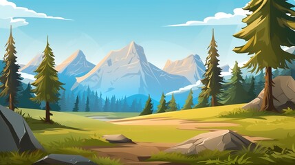 Mountains, Rocks, Trees, and Grassy Field