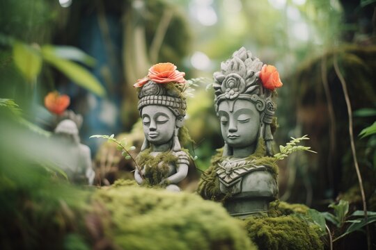 cryptic stone statues hidden in island foliage
