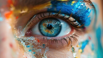 Vivid blue eye with colorful paint splashes on skin - obrazy, fototapety, plakaty