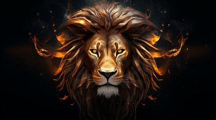 Naklejka premium Burning Royalty: Pop Art Style Lion King Head in Gold on a Dark Canvas