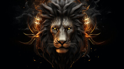Regal Blaze: Lion King with Soft Mane in Golden Fire on Dark Background