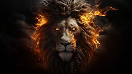 Regal Blaze: Lion King with Soft Mane in Golden Fire on Dark Background