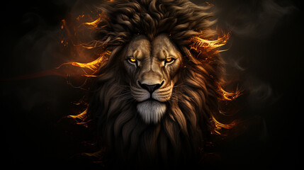 Naklejka premium Regal Blaze: Lion King with Soft Mane in Golden Fire on Dark Background