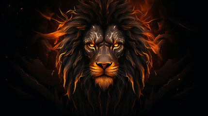 Majestic Inferno: Creative Golden Burning Lion King Head in Black Style