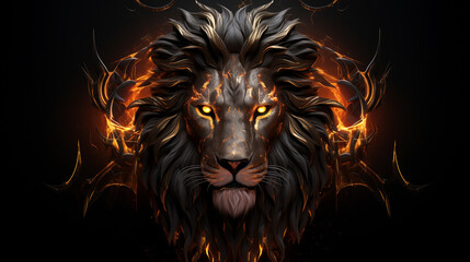 Fototapeta premium Majestic Inferno: Creative Golden Burning Lion King Head in Black Style