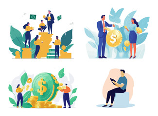 Investment illustration set. People characters investing money in self development  knowledge and education. Personal finance management and financial literacy concept. Vector illustration