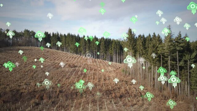 Carbon CO2 Reforestation Environment protection concept with Oxygen O2 rising molecules. New trees planted in eco green sustainable world 