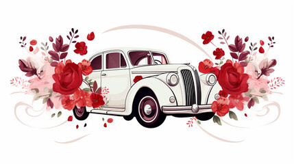 Love in Motion: Drawing of Wedding Car Decorated with Hearts