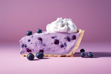 Slice of blueberry fruit pie with cream on violet background