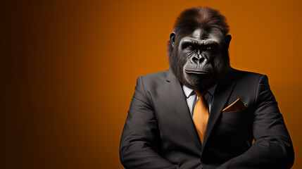 Gorilla im Anzug als Chef mit Früchten und Banane mit einem anderen Mitarbeiter Vorstellungsgespräch führen Charakter Chef Generative AI - obrazy, fototapety, plakaty