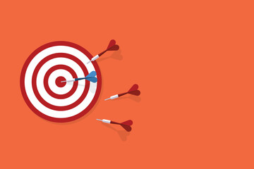 Red darts missed hitting target and only blue one hits the center. Business challenge failure and success concept. - obrazy, fototapety, plakaty