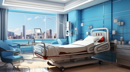 Blue and white hospital room interior