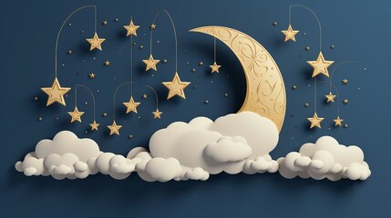 Obraz na płótnie Canvas Explore the Mystical Cosmic Beauty of a 3D Style Night Sky with Crescent Moon, Golden Stars, and White Clouds in this Surreal Celestial Fantasy Background.
