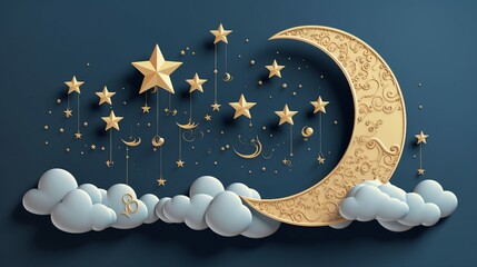 Explore the Mystical Cosmic Beauty of a 3D Style Night Sky with Crescent Moon, Golden Stars, and White Clouds in this Surreal Celestial Fantasy Background.