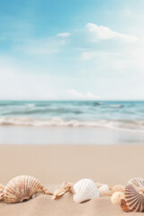 Seashells on the beach against the backdrop of the sea. vertical background with copy space. AI generative.