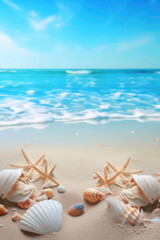 Seashells against the background of the sea. vertical background with copy space. AI generative.