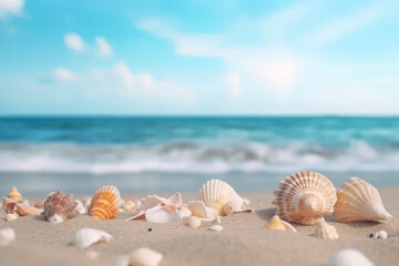 Fototapeta na wymiar Seashells on the beach against the backdrop of the sea. Copy space background. AI generative.