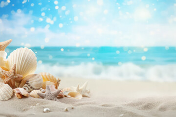 Seashells on the beach against the backdrop of the sea. Background with copy space on the right. AI generative.