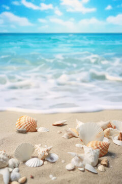 Seashells on the beach against the backdrop of the sea. vertical background. AI generative.