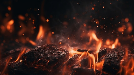 Embers Symphony: Dynamic Fire Particles Lights on a Dark Grill Background