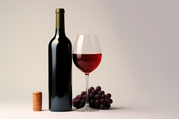 Glass of wine, bottle of wine and grapes on a light background. Copy space background. AI generative.