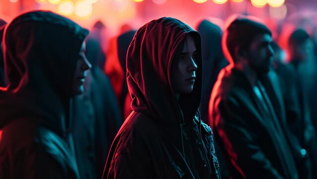 Cyberpunk crowd with red lights and people wearing hoodies in dystopian environment