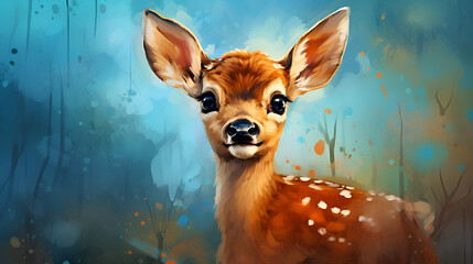 Young bambi deer, roe deer, beautiful, light brown with white spots, huge eyes, cartoon - obrazy, fototapety, plakaty
