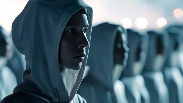 Close-up on a female clone wearing a hoodie in a cyberpunk sci-fi laboratory environment