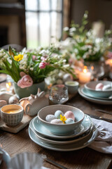 Fototapeta na wymiar Easter brunch table with a focus on a festive centerpiece.