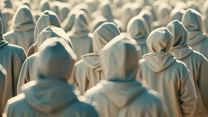 Crowd of faceless people or clones in white robe standing still animation