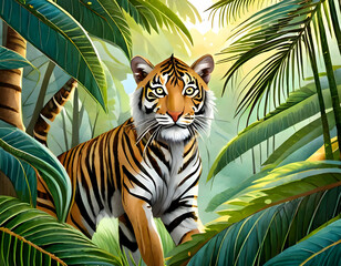 Tiger in jungle surrounded by trees