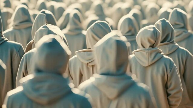 Crowd of faceless people or clones in white robe standing still animation