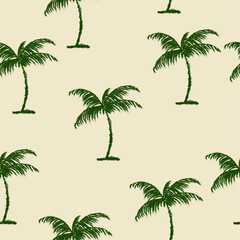 Vector seamless pattern with hand drawn palm trees. Colorful Hawaiian print in vintage art style. Tropical plants for print, packaging, banner, cover, textile